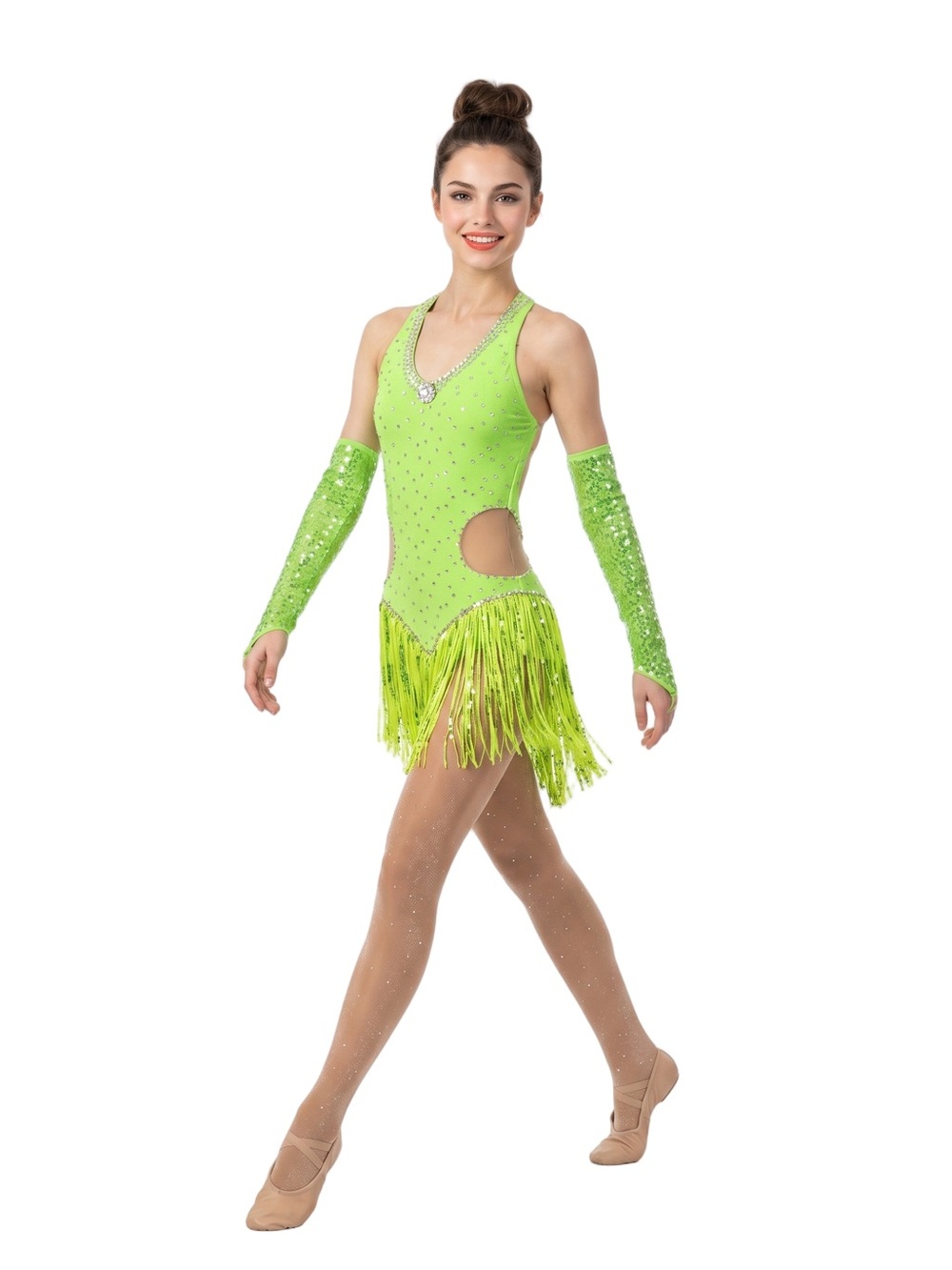 Lime Green Halter top leotard Dance Costume with Rhinestones and arm bands - Picture 2 of 15